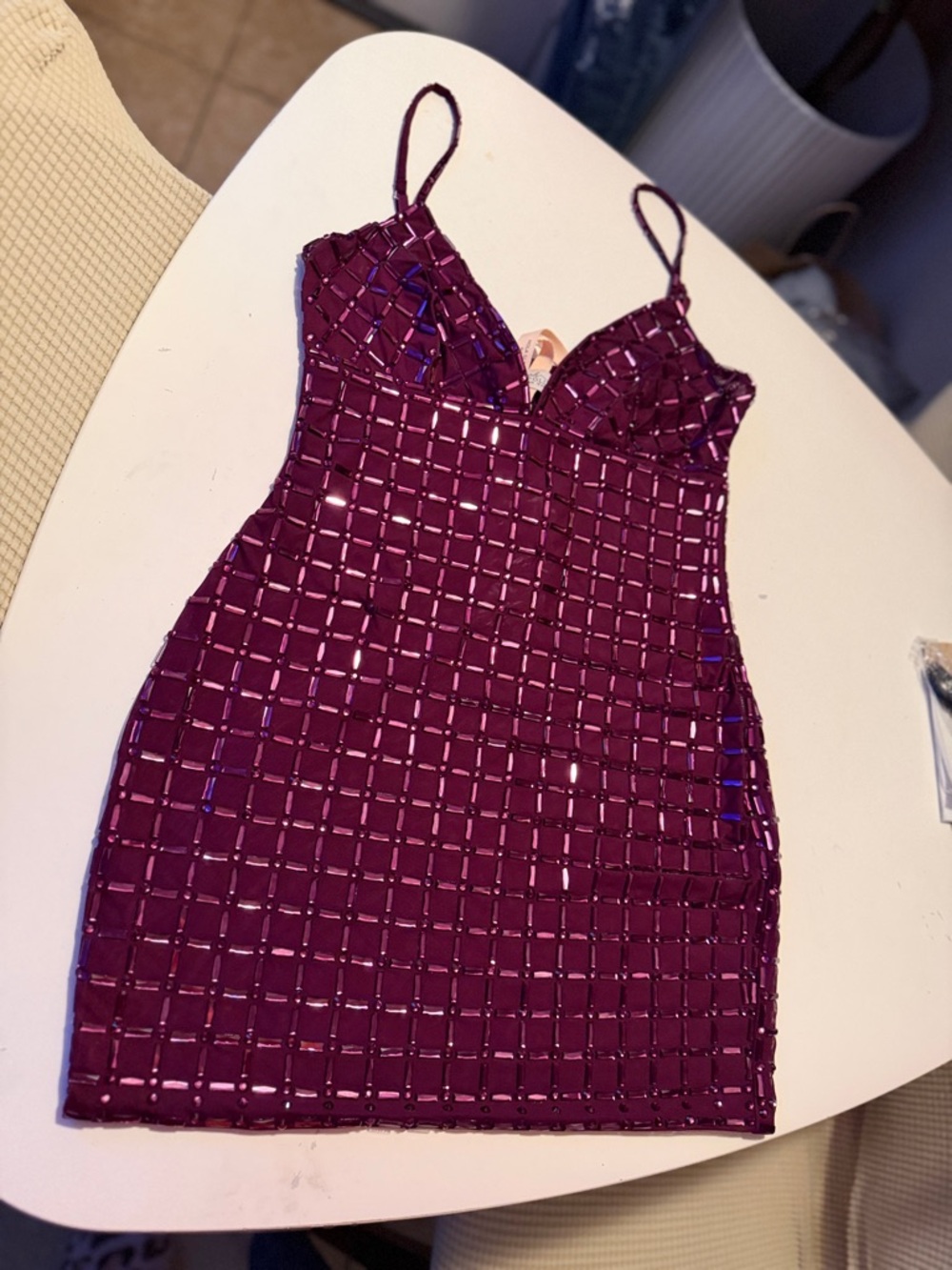Oh Polly Plum Sequin Grid Bodycon Mini Dress - Picture 6 of 7